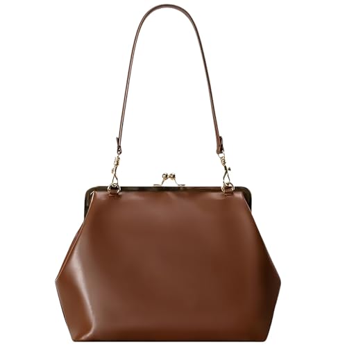 Kiss Lock Frame Handbag, PU Leather Shoulder Tote Bag Messenger Hobo Clutch Purse for Women Formal Work Leisure - color: Pure Brown