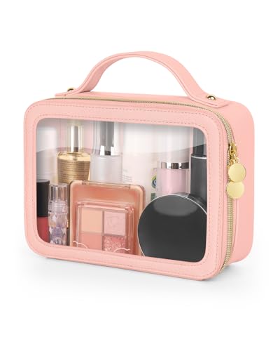 Soimeat Clear Makeup Bag, Portable Travel Cosmetic Bags, Multipurpose Leather Toiletry Bag with Zipper, Waterproof Transparent Cosmetic Organizer for Women, Medium, Pink - color: Pink, size: Medium