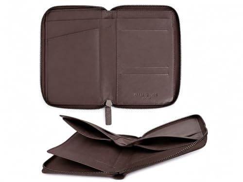 ALLEN & MATE Genuine Leather Passport Holder for Travel, RFID Blocking Travel Wallet Fits 2 Passports and 12 Cards, Zippered Document Organizer with SIM Slot and Pen Loop for Men and Women - color: Brown