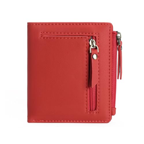 GOIACII Small Women's Wallet Compact Bifold Credit Card Holder Mini Ladies Purse with 2 Zipper Coin Pockets - color: D02 Red