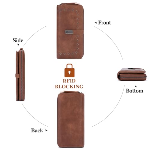 Wallet for Women Large Capacity RFID Blocking Leather Bifold Card Holder with Zipper Change Pocket - color: B01 Brown