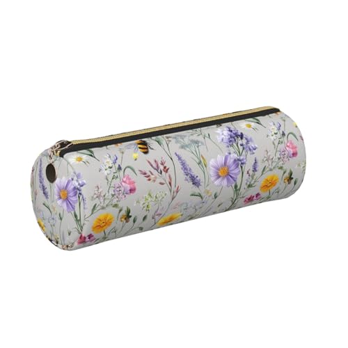 OSAM SPACE Leather Pencil Case Round Pencil Bag Flowers Plant Butterfly Bees Pen Organizer Holder Portable Zipper Pouch Cute School Supplies for Girls Boys Study Office - color: Flowers Plant Butterfly Bees