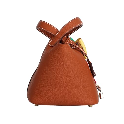 Genuine Leather Bucket Bag with Shoulder Strap, Organizer Insert & Silk Scarf for Women Handbag Tote Bag - color: Brown-gold