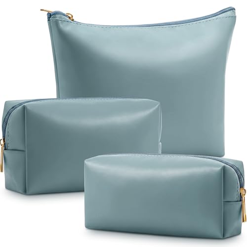 Kigeli 3 Piece Leather Makeup Bag Set Graduation Women Gifts PU Leather Makeup Toiletry Bag Bridesmaid Cosmetic Pouch Small Aesthetic Travel Purse for Wedding Birthday Women Gifts(Blue) - color: blue