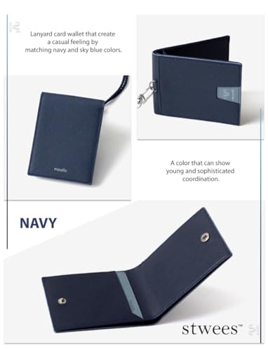 Slim Leather Lanyard Wallet, Folding Card Holder with Snap Button, ID Badge Neck Wallet Set (Card Pocket, Navy) - color: Navy, style: Card Pocket