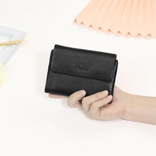 Women's Bifold Wallet, Genuine Leather, Magnetic, ID Window | Holds 10+ Cards, 2 Zip Coin Pockets, Pebbled Cowhide, Snap Closure, Large Capacity, Multiple Colors, Compact 5.5x3.9in - color: B-Black