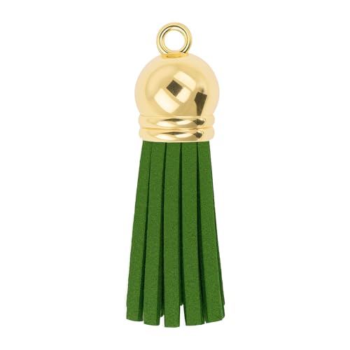 Mandala Crafts Gold Cap Green Faux Suede Leather Tassels, 100 PCs - color: Gold Cap Green Suede