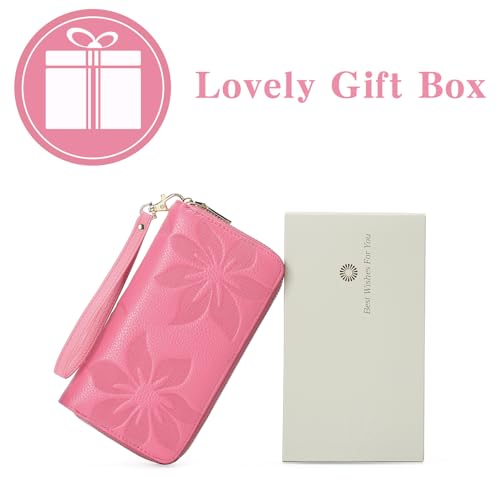 GOIACII Women's Wallet RFID Blocking Leather Wristlet | 2 Zip Around, Large Capacity, Credit Card Holder, Ladies Phone Clutch Purse - color: A12 Barbie Pink