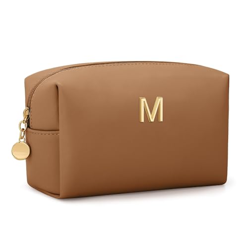 Gifts for Women Bridesmaid Gifts Initial Makeup Bag | Personalized Birthday Gift | PU Leather Cosmetic Pouch Bag | Waterproof Travel Toiletry Bag (Brown M) - color: Brown, style: M
