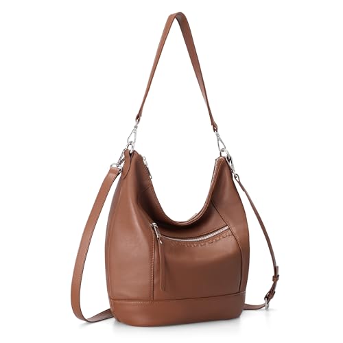 befen Genuine Leather Crossbody Hobo Purse for Women Soft Lightweight Leather Handbags with 2 Removable Straps - color: Cognac Brown