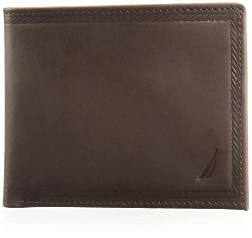 Nautica Men's Bifold Leather Wallet | RFID Blocking | ID Window | Card Slots | Organization | Durable | Stylish - color: Embossed Leather - Brown