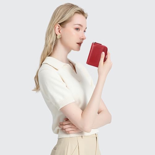SENDEFN RFID Credit Card Holder for Women Small Leather Zipper Card Case Wallet 15 Slots - color: J-Red