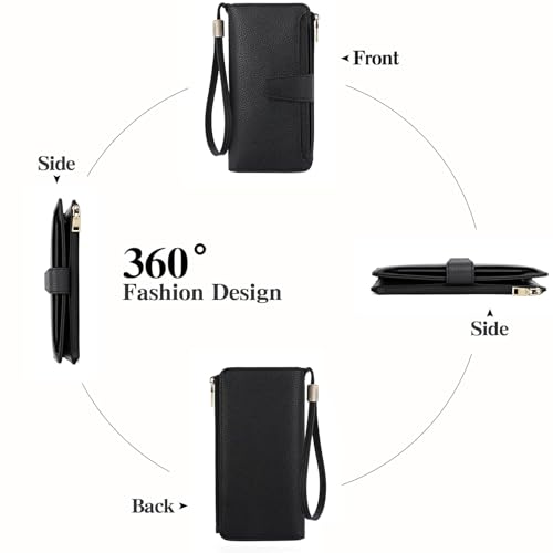 GAEKEAO Women Wallet RFID Blocking Leather Bifold Compact Card Holder Ladies Travel Wallet Purse, Large Capacity Wristlet - color: Z-black