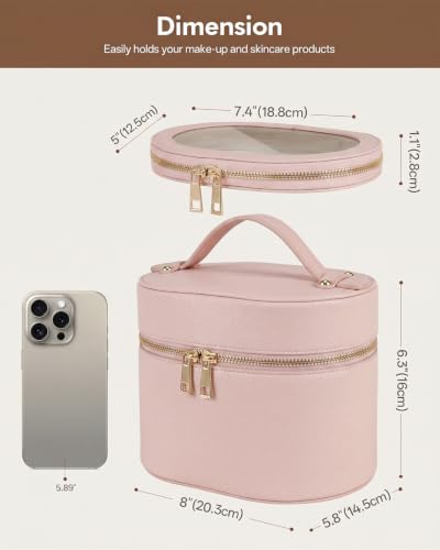 Prite 2 Pcs Makeup Bag Set Travel Cosmetic Case with Clear Pouch for Women | Removable Divider, Vanity Case, Waterproof, Vegan Leather, Elastic Slot, Dual Zipper, Structured, Easy Clean - color: Light Pink