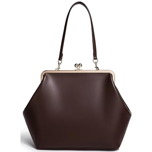 Kiss Lock Frame Handbag, PU Leather Shoulder Tote Bag Messenger Hobo Clutch Purse for Women Formal Work Leisure - color: Pure Coffee
