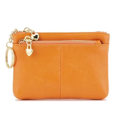 Women PU Leather Zip Mini Coin Purse With Key Ring Triple Zipper Card Holder Wallet (Orange) - color: Orange