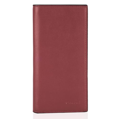 CASMONAL Checkbook Cover for Personal, Check Book Holder for Women & Men | PU Leather with Pen Holder, Transparent PVC Divider for Duplicate Checks - color: Red Wine