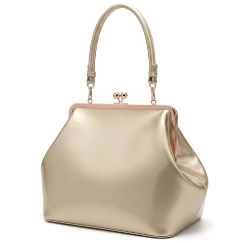 Kiss Lock Frame Handbag, PU Leather Shoulder Tote Bag Messenger Hobo Clutch Purse for Women Formal Work Leisure - color: Bright Gold