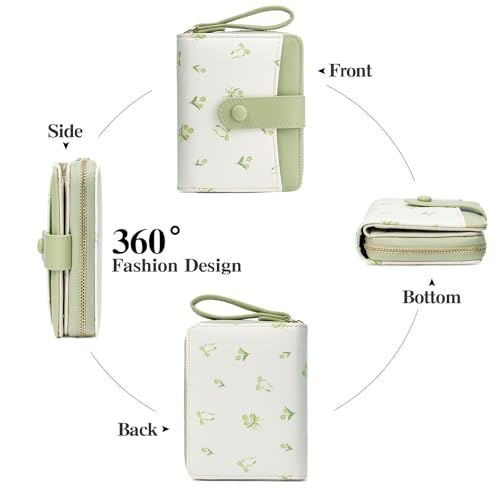 GAEKEAO Small Wallet for Women Vegan Leather Bifold Card Holder RFID Blocking Ladies Purse Floral Pattern with Zipper Pocket - color: Y05-Green
