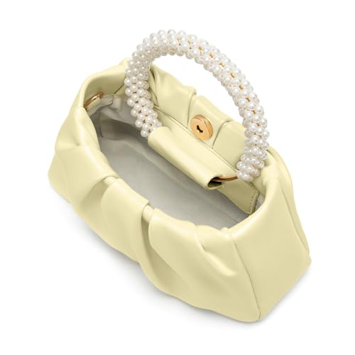 Beatfull Evening Bags for Women Wedding Party Pearl Clutch Purse | Pearl, Ruched Soft Leather, Small Handbag for Prom, Bridal Clutch - color: Creamy Yellow