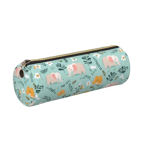 OSAM SPACE Leather Pencil Case Round Pencil Bag Cartoon Elephants Flowers Pen Organizer Holder Portable Zipper Pouch Cute School Supplies for Girls Boys Study Office - color: Cartoon Elephants Flowers