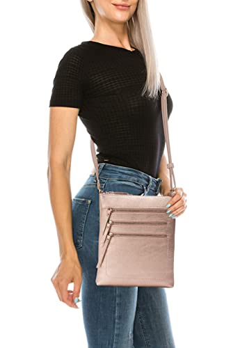 Solene Crossbody Bag Functional Multi Pocket Messenger Purse Top Zip Closure Shoulder Handbag With Adjustable Strap - color: Rose Gold