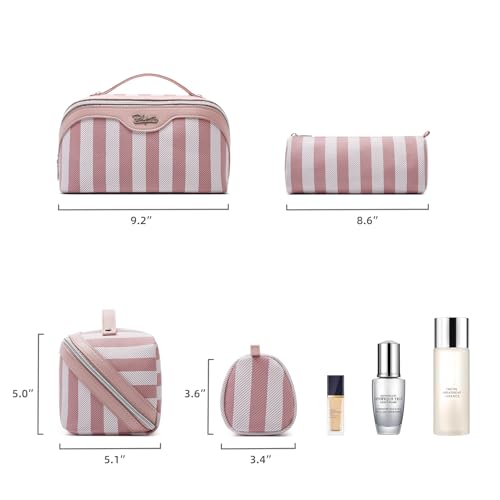BOYATU Travel Makeup Bag for Women: 3 Pcs Set Striped Make up Bag,Pink | Vegan Leather Cosmetic Bags with Compartments - Waterproof Large Capacity Toiletry Bags - 180° Open-Flat Makeup Organizer - color: A-3-Pink