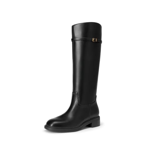 DREAM PAIRS Knee-High Buckle Strap Riding Boots | Round Toe Straight Shaft Knee-high Easy Pull-on Adjustable Metal Buckle 5mm Foam Insole Faux Suede & PU Leather Tall Boot - color: Black-pu, size: 7