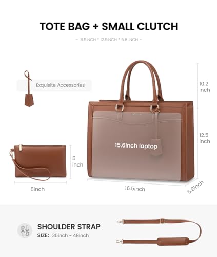 LOVEVOOK Laptop Tote Bag for Women, Large Work Computer Bag with Cup Holder - color: Leather/Brown, size: 17.3 Inch