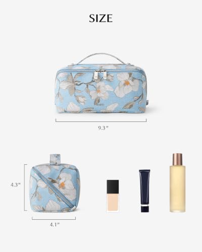 EACHY Makeup Bag, Waterproof PU Leather Travel Toiletry Bag for Women, 180° Wide-Open Flat Cosmetic Bag, Large Capacity Makeup Pouch with Divider and Handle - color: CH-Blue Large Floral, size: Medium