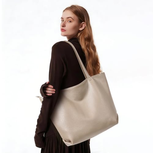 WLLWOO Soft Vegan Leather Tote Bag for Women Large Hobo Zipper Purse | Casual Shoulder Handbags Carryall for Work Daily Weekender Travel Commute - color: Light Camel