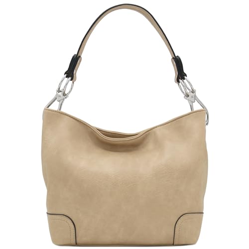 Hobo Shoulder Bag with Big Snap Hook Hardware - color: Taupe