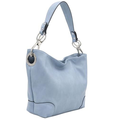 Hobo Shoulder Bag with Big Snap Hook Hardware - color: Pastel Blue