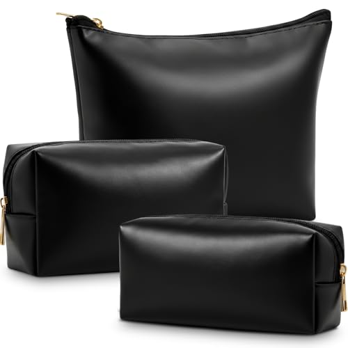 Kigeli 3 Piece Leather Makeup Bag Set Graduation Women Gifts PU Leather Makeup Toiletry Bag Bridesmaid Cosmetic Pouch Small Aesthetic Travel Purse for Wedding Birthday Women Gifts(Black) - color: Black