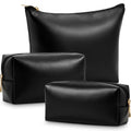 Kigeli 3 Piece Leather Makeup Bag Set Graduation Women Gifts PU Leather Makeup Toiletry Bag Bridesmaid Cosmetic Pouch Small Aesthetic Travel Purse for Wedding Birthday Women Gifts(Black) - color: Black