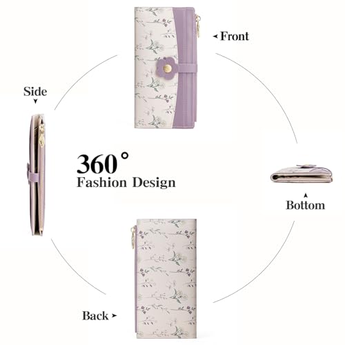 GAEKEAO Womens Wallet Slim Thin RFID Blocking Bifold Floral Vegan Leather Card Holder Large Capacity Wallet with Zipper Pocket - color: Y-Purple