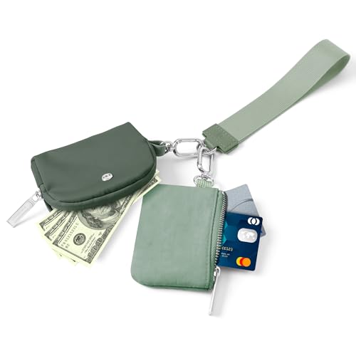 Mum's Memory Mini Zip Around Wristlet Wallets for Women -KeyChain Wallet with Detachable Dual Pouch Wristlet -Key Chain Coin Purse Small Wallets - color: Dark Green + Green