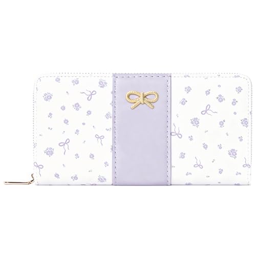 Floral Print Coquette Bow Long Wallet for Women (LONG-PURPLE) | Clutch Wallet, Phone Holder, Coin Pocket, 12 Card Slots - color: LONG-PURPLE