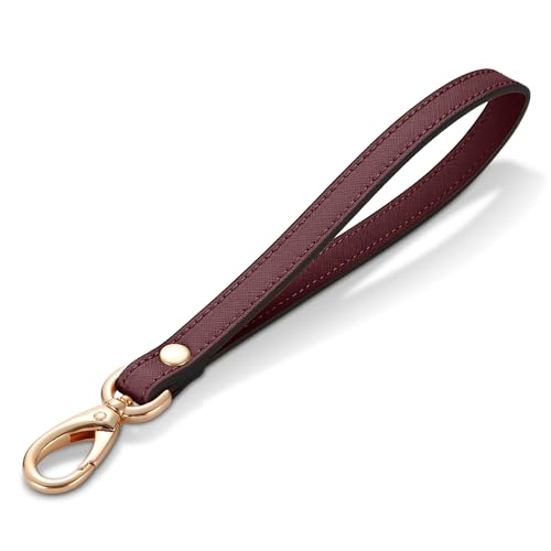 Genuine Leather Wristlet Strap - Universal Hand Lanyard Replacement - color: Gold - Wine Red