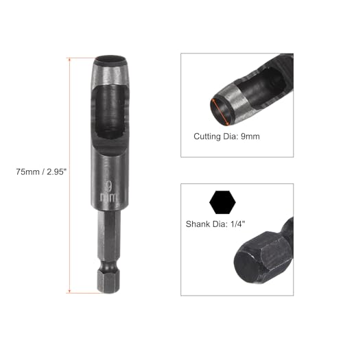 HARFINGTON 3pcs Leather Hollow Punch 1/4 Hex Shank for Drills, 9mm Dia Rotary Hole Punch for Thick Fabrics Leathercraft Working - size: 9mm
