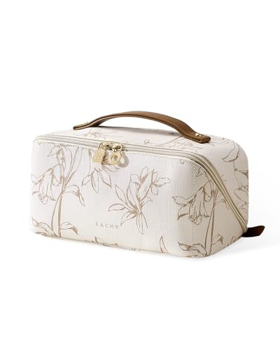 EACHY Travel Makeup Bag, Floral Cosmetic Bag for Women, Beige, Medium - color: AA-Beige, size: Medium