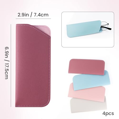 4 Pack Soft Leather Glasses Case 7x3 Inch Eyeglasses Pouch Portable PU Leather Glasses Pouch - color: 4 Light Colors