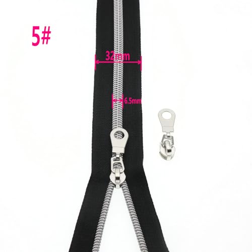 Leekayer #5 Silver Nylon Zipper Bulk 5 Yards Black Tape 10pcs Silver Slider - color: Black-Silver