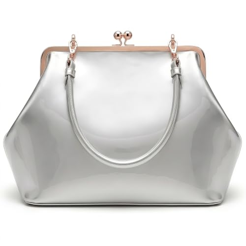 Kiss Lock Frame Handbag, PU Leather Shoulder Tote Bag Messenger Hobo Clutch Purse for Women Formal Work Leisure - color: Bright Silver