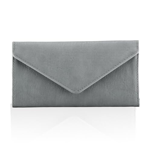RFID Blocking Trifold Wallet for Women and Men, Vegan Leather Ultra Slim Envelope Style Multi-Card Holder with 2 ID Windows, Zippered Coin Pocket, Grey - color: Grey