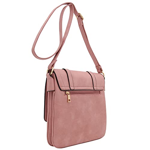 ALYSSA Double Compartment Large Flapover Crossbody Bag - color: Dusty Pink
