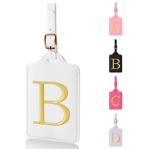 Personalized Initial Luggage Tags for Suitcases,Leather Letter Cute Luggage Tags with Privacy Name Card,Embroidered Monogrammed Travel Bag Backpack Tag Gifts for Women Kids Girls Teens(White-B) - color: White, size: B