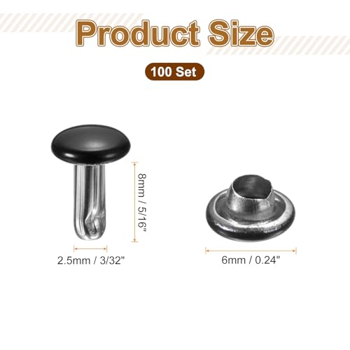 HARFINGTON 100 Sets Double Cap Leather Rivets, 6x8mm Round Cap Tubular Metal Studs Leather Crafting Rivets for Fabric Belt Pet Collar Boot Bag Repair and Decoration, Black - color: Black, size: 6x8mm