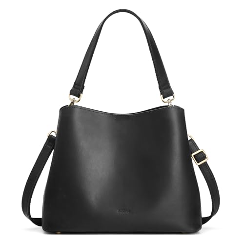 S-ZONE Leather Crossbody Bags for Women Medium Bucket Purses with 2 Straps | Top Grain Leather, Shoulder Handbag, Multi Compartments, Roomy Capacity, Bottom Rivets, for Travel or Daily - color: Black