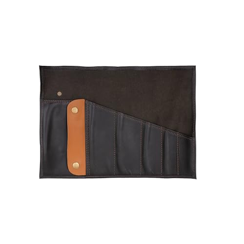 Leather Roll Bag, Full Grain Cowhide Tool Organizer, 35.3 x 25.1 cm, Green and Tan, Multi-Purpose with 5 Slots for Knives and Tools (Brown) - color: Brown